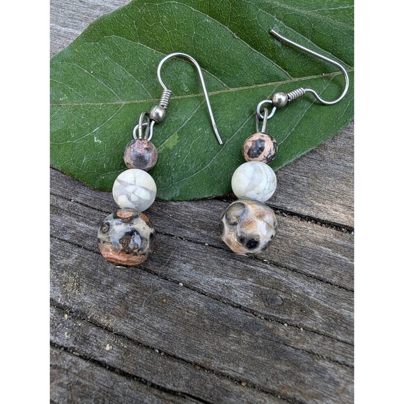 Vintage Leopard Skin Jasper Stone Dangle Earrings - Picture 8 of 10